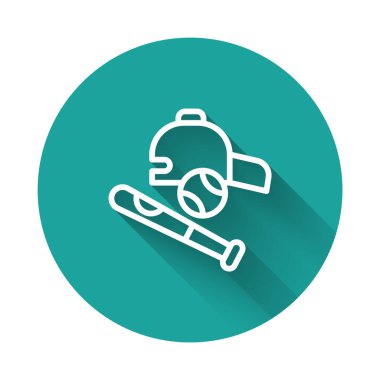 White line Baseball bat with ball, hat icon isolated with long shadow background. Green circle button. Vector