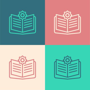 Pop sanat çizgisi. Kuran 'ın kutsal kitabı. Renkli arka planda izole edilmiş. Müslüman bayramı, Kurban Bayramı, Kurban Bayramı, Ramazan Kareem. Vektör