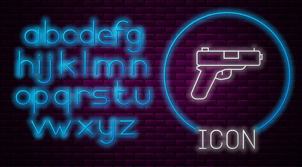 Gloeiende neon lijn Pistol of pistool pictogram geïsoleerd op baksteen muur achtergrond. Politie of militair pistool. Klein vuurwapen. Neon licht alfabet. Vector — Stockvector