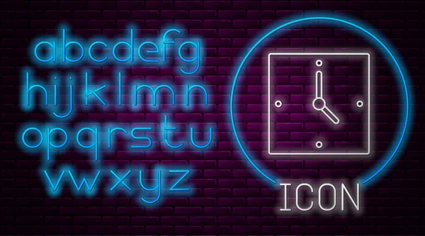 Gloeiende neon lijn Klok pictogram geïsoleerd op baksteen muur achtergrond. Tijdsymbool. Neon licht alfabet. Vector — Stockvector