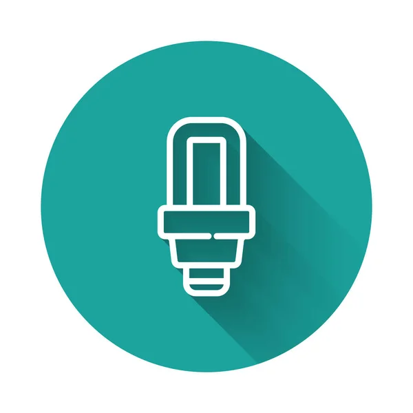 White line LED light bulb icon isolated with long shadow. Economical LED illuminated lightbulb. Save energy lamp. Green circle button. Vector — Wektor stockowy