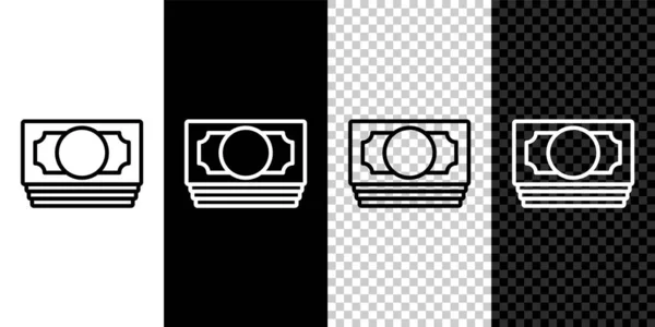 Nastavit řádek Zásobníky papírové peníze hotovost ikona izolované na černobílém, průhledném pozadí. Hromádky bankovek. Bilanční měna. Vektor — Stockový vektor