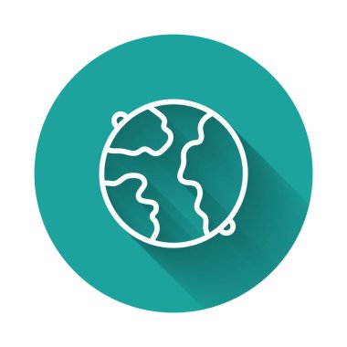 White line Worldwide icon isolated with long shadow background. Pin on globe. Green circle button. Vector