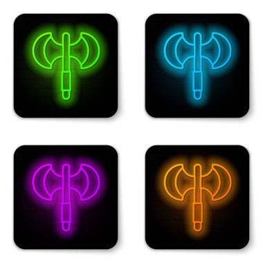Glowing neon line Medieval poleaxe icon isolated on white background. Black square button. Vector