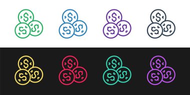 Set line Casino chip with dollar symbol icon isolated on black and white background. Casino gambling. Vector