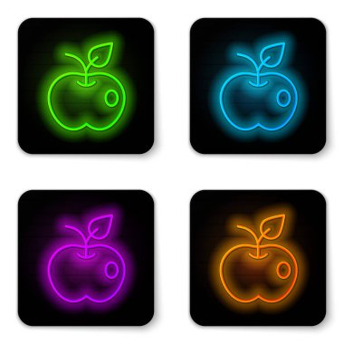 Parlayan neon çizgisi Apple simgesi beyaz arkaplanda izole edildi. Fazla kilolu. Sağlıklı diyet menüsü. Fitness diyeti elması. Siyah kare düğme. Vektör