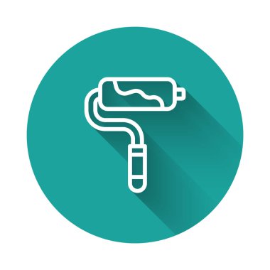 White line Paint roller brush icon isolated with long shadow background. Green circle button. Vector