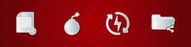 Set Share file, Bomb ready to explode, Recharging and folder icon. Vector