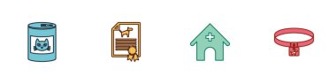 Set Canned food for cat, Certificate dog, Veterinary medicine hospital and Dog collar icon. Vector