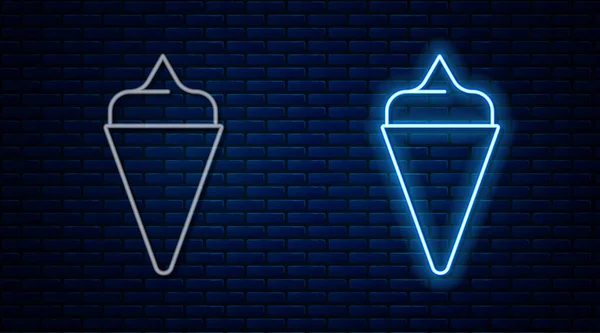 Leuchtende Neon-Linie Eis in Waffelkegel Symbol isoliert auf Backsteinwand Hintergrund. Süßes Symbol. Vektor — Stockvektor