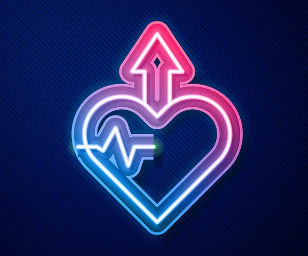 Glowing neon line Heartbeat increase icon isolated on blue background. Increased heart rate. Vector — Vector de stock