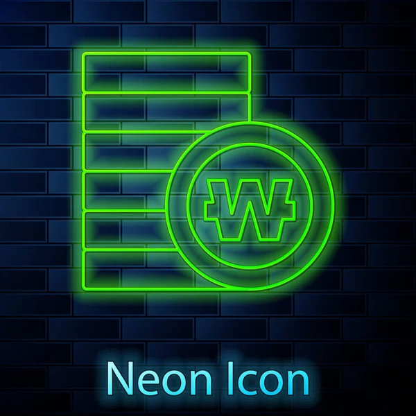 Glowing neon line South Korean won coin icon isolated on brick wall background. South Korea currency business, payment and finance. Vector — Stock Vector