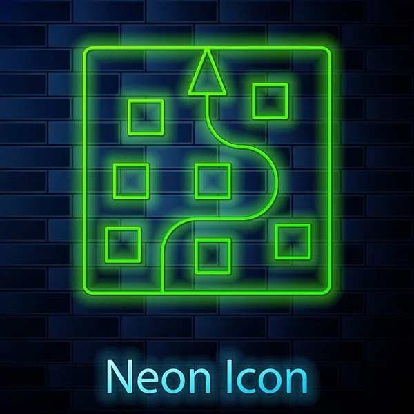 Ragyogó neon vonal Neurális hálózati ikon elszigetelt téglafal háttér. Mesterséges intelligencia AI. Vektor — Stock Vector