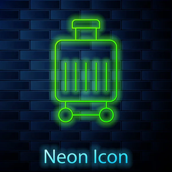 Glowing neon line Suitcase for travel icon isolated on brick wall background. Traveling baggage sign. Travel luggage icon. Vector — Stock Vector