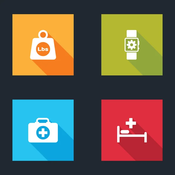 Set Peso libras, Smartwatch ajuste, botiquín de primeros auxilios y el icono de la cama del hospital. Vector — Archivo Imágenes Vectoriales