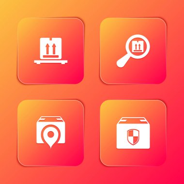 Set Cardboard boxes on pallet, Search package, Location with cardboard and Delivery security shield icon. Vector