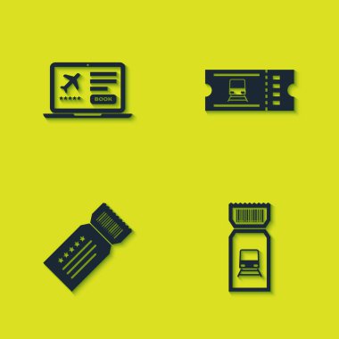 Set Laptop with ticket, Train, Ticket and icon. Vector