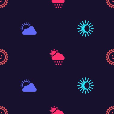 Set Eclipse of the sun, Sun and cloud weather, Cloud with rain and on seamless pattern. Vector