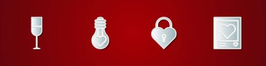 Set Wine glass, Heart shape light bulb, Castle the of heart and Photo frames and hearts icon. Vector