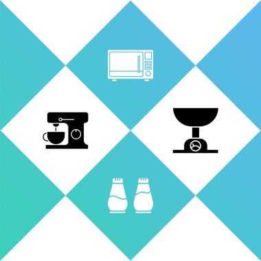 Set Electric mixer, Salt and pepper, Microwave oven and Electronic scales icon. Vector