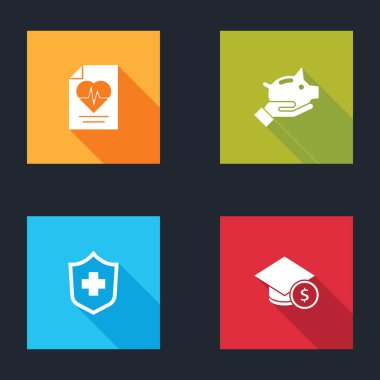 Set Health insurance, Piggy bank, and Graduation cap and coin icon. Vector