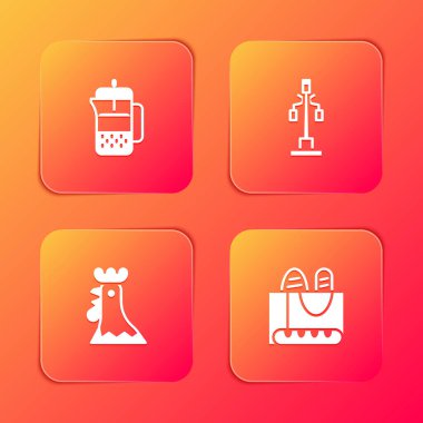 Set French press, Street light, rooster and baguette bread icon. Vector