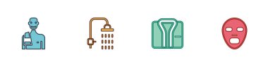 Set Man in the sauna, Shower, Bathrobe and Facial cosmetic mask icon. Vector