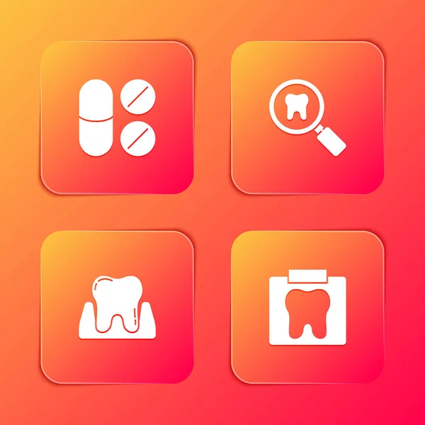 Set Painkiller tablet, Dental search, Tooth and X-ray of tooth icon. Vector —  Vetores de Stock