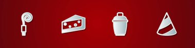 Set Birthday party horn, Piece of cake, Cocktail shaker and Party hat icon. Vector