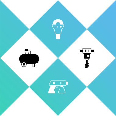 Set Air compressor, Paint spray gun, Angle grinder and Electrical hand concrete mixer icon. Vector