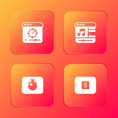 Set Online play video, Music player, Stopwatch and media button icon. Vector