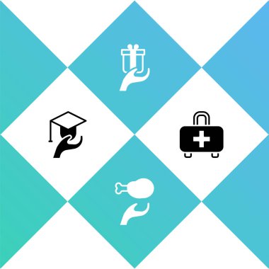 Set Education grant, Donation food, Give gift and First aid kit icon. Vector