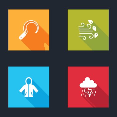 Set Sickle, Windy weather, Raincoat and Storm icon. Vector
