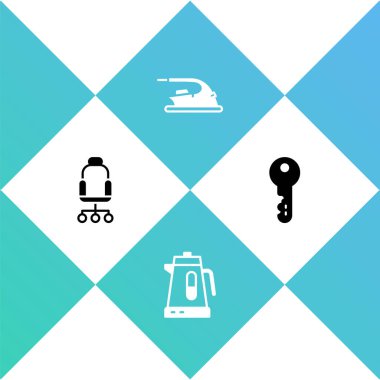 Set Office chair, Electric kettle, iron and House key icon. Vector