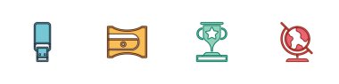 Set USB flash drive, Pencil sharpener, Award cup and Earth globe icon. Vector