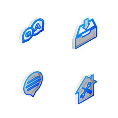 Set Isometric line Download inbox, Question and Answer, Speech bubble chat and House service icon. Vector