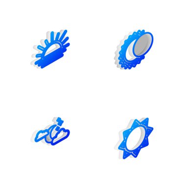 Set Isometric line Eclipse of the sun, Sunset, Cloud with moon and stars and icon. Vector
