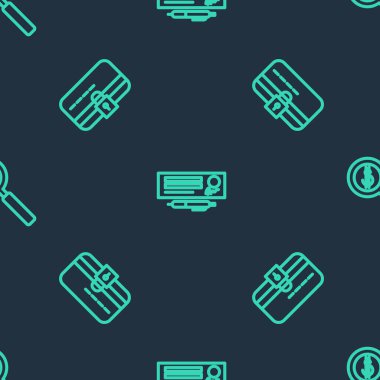 Set line Bank check and pen, Credit card with lock and Magnifying glass dollar on seamless pattern. Vector