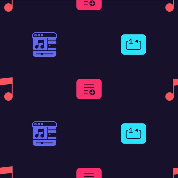 Set Repeat track music player, Music, Add to playlist and note, tone on seamless pattern. Vector — Wektor stockowy