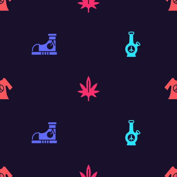 Set Bong, Sneakers, Marijuana and Peace dress print stamp on seamless pattern. Vector — Stok Vektör