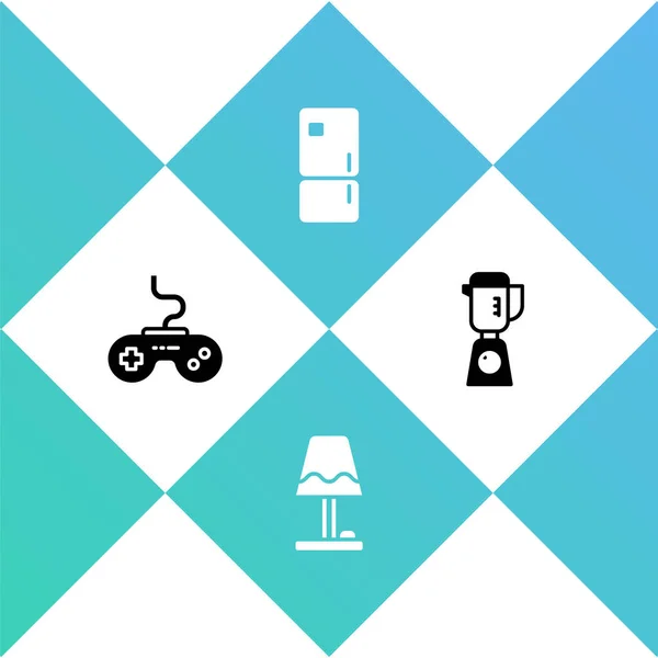 Set Gamepad, Table lamp, Refrigerator and Blender icon. Vector — Stockvektor