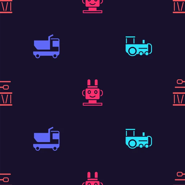 Set Toy train, truck, Robot toy and Drum with drum sticks on seamless pattern. Vector - Stok Vektor