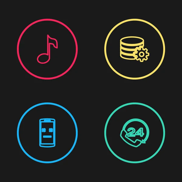 Set line Dead mobile, Telephone 24 hours support, Setting database server and Music note, tone icon. Vector — Archivo Imágenes Vectoriales