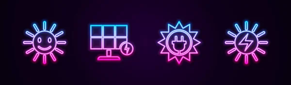 Set line Cute sun with smile, Solar energy panel, and . Glowing neon icon. Vector — Stockový vektor