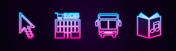 Set line Pixel arrow cursor, Supermarket building, Bus and Audio book. Glowing neon icon. Vector — Stock Vector