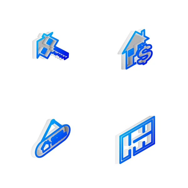 Set Isometric line House with dollar, key, Hanging sign Open house and plan icon. Vector — Stock Vector