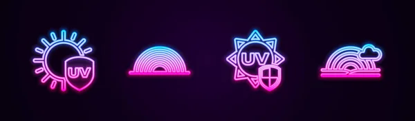 Set line UV protection, Rainbow, and with cloud. Glowing neon icon. Vector — Διανυσματικό Αρχείο