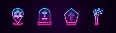 Set line Star of David, Tombstone with cross, Pope hat and Aspergillum. Glowing neon icon. Vector