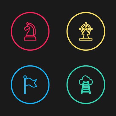 Set line Flag, Stair with finish flag, Target and Chess icon. Vector