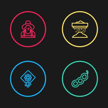 Set line Pack full of seeds of plant, Green peas, Sifting flour and Farmer the hat icon. Vector